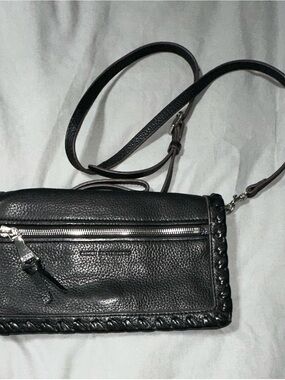 Textured Black Leather Crossbody Bag with Braided Edge